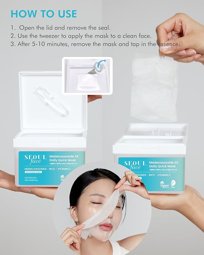 DERMAL Seoul Face Madecassoside 3X Daily Quick Mask 36 Sheet – Korean Skincare Vegan Tencel Facial Masks - Improving Dark Spots, Soften Skin Mask Sheets with Rice, Vitamin C, Panthenol