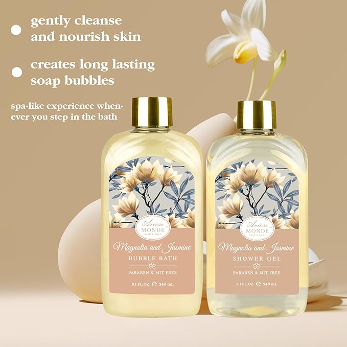 Home Spa Gift Basket, Bath Spa Kit for Women, with Body Lotion, Shower Gel, Bubble Bath, Body Scrub, Bath Salt, Bath Bomb, Bath Gift Set for Mother, Wife Her, with Magnolia and Jasmine Scent