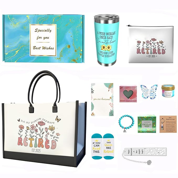 2025 Retirement Gift Set for Women - 13PCS Luxury Bundle with Tote Bag, Makeup Pouch, Tumbler, Candle, Bath Bombs, Soap& More - Perfect Going Away Gifts for Coworkers, Teachers, Nurses, Boss & Friends