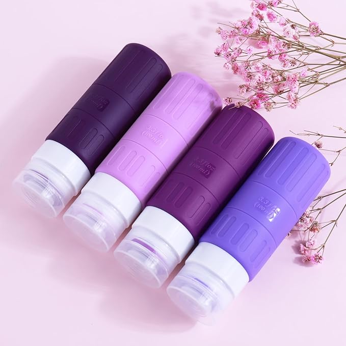 GLAMFIELDS Travel Bottles for Toiletries,TSA Approved 3.3oz Size LeakProof Silicone Toiletry Containers for Shampoo, Conditioner,Easy to Squeeze,Portable Travel Essentials for Lotion(18 Pack) Purple