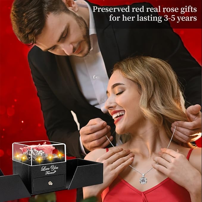 2 Preserved Real Rose with Heart I Love You Necklace- Eternal Rose Birthday Gifts for Women Wife Girlfriend Her Mom on Festivals Gifts Christmas Valentines Mothers Day Anniversary-Peach Pink Roses