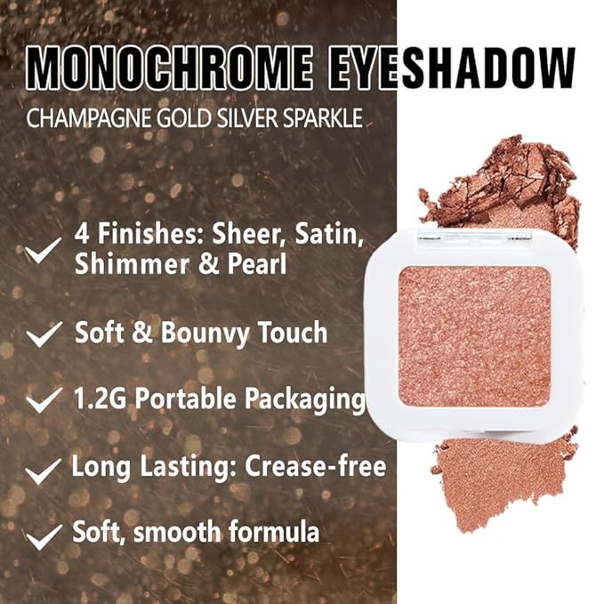 Light Brown Champagne Colored Glitter Eyeshadow – Champagne Copper Shimmer Eye Shadow, Daily Waterproof Long-Lasting Eyeshadow Powder Palette for Women Neutral Eye Makeup sombras para ojos 01