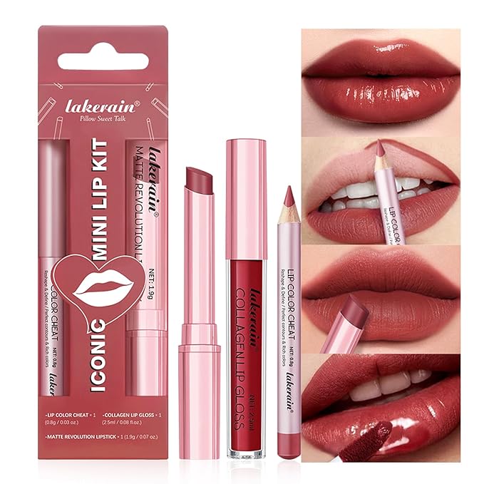 3PCS Lip Liner and Lipstick Combo Set - Matte Lip Liner Pencil, Velvet Matte Lipstick & Hydrating Collagen Lip Gloss - Long-Lasting, Smudge-Proof, High Pigment Nude Brown Lip Makeup Kit (Set 2, 3)