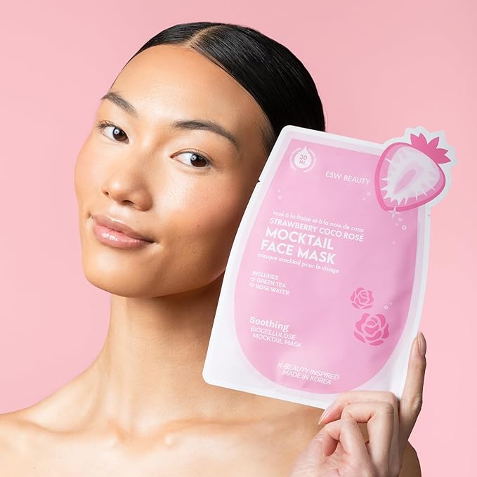 ESW Beauty Strawberry Coco Rosé Soothing Face Mask - Hydrating, Calming, Vegan Face Mask with Coconut Water, Green Tea, & Strawberry Extract for Sensitive Skin