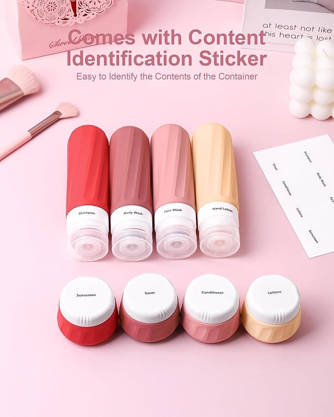 Travel Bottles for Toiletries 8 Pack, Travel Size Toiletries, Tsa Approved Travel Size Containers 3oz, with Travel Essentials Clear Bag, Leak Proof Silicone Squeezable Creams Jars