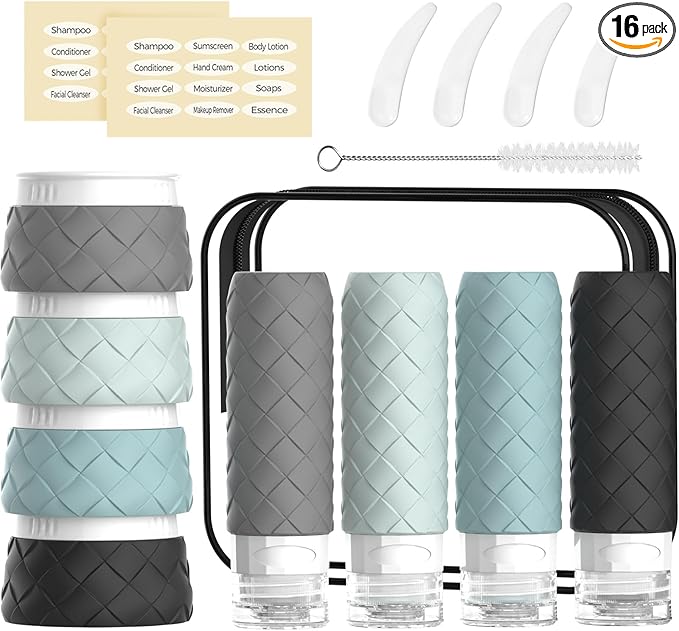 16 Pack Travel Bottles for Toiletries, TSA Approved Travel Size Toiletries Containers Set, BPA-Free Silicone Leak Proof Refillable Bottles Stackable Creams Jars Accessories Kit W/Clear Bag(Gray)