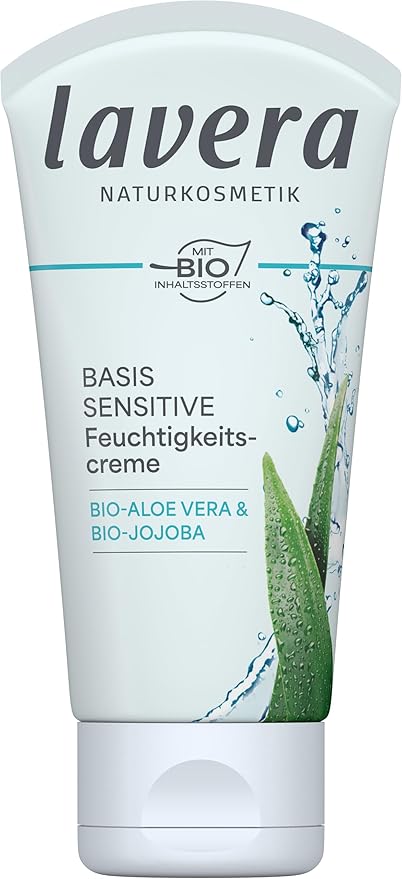 lavera Basis Sensitive Moisturizing Cream – Organic & Vegan Face Moisturizer with Aloe Vera & Shea Butter - Natural Skin Care for All Skin Types - 1.69 Fl Oz