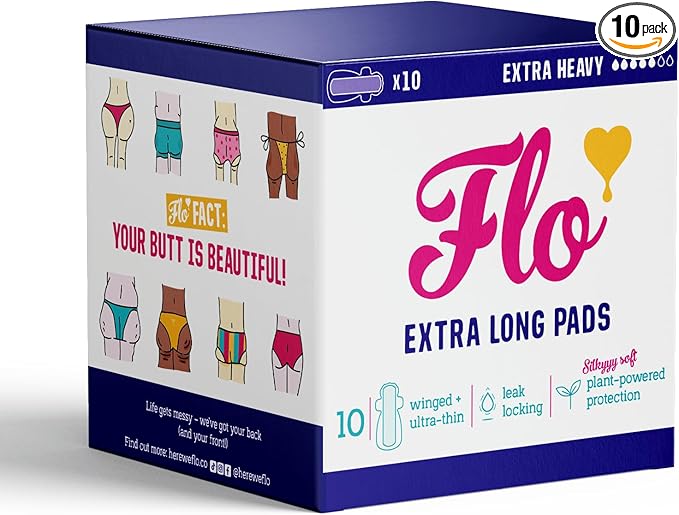Flo Bamboo Extra Long Period Pads with Wings (10 Pads) - Ultra Absorbent, High Protection