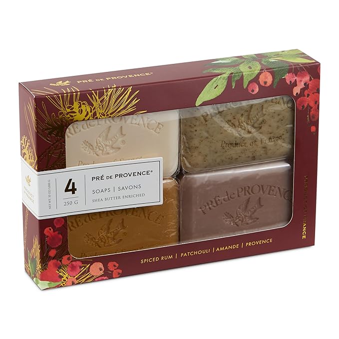 Pre de Provence Heritage Holiday Soap Gift Set/4 - Full Size French Soap Bars - Quad-Milled, Assorted Scents, 4 x 250g