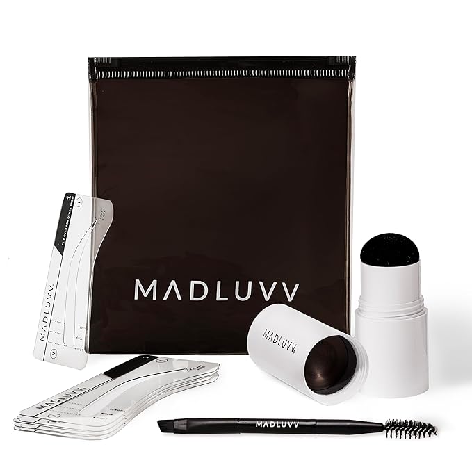 MADLUVV Brow Stamp Kit with Brow Stencils – Easy Eyebrow Shaper for Natural-Looking Brows – Popular Eyebrow Stencil Kit Used by Professionals – 9 Shapes, Spoolie, Travel Bag & Stamp (Nearly Black)