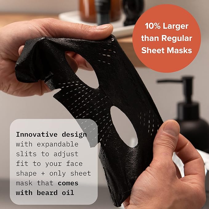 Cardon Face Mask for Bearded Men | Korean Sheet Mask for Men | Bamboo Charcoal Facial Mask and Beard Oil | 4-Pack