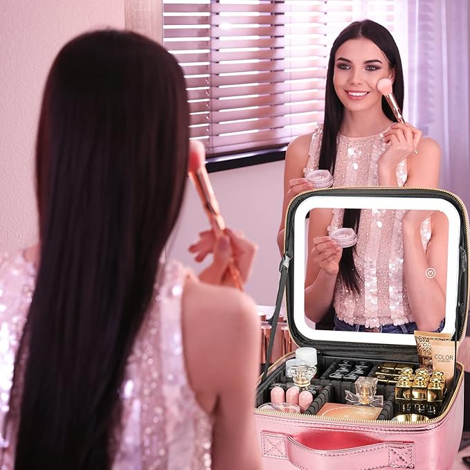 Makeup Travel Train Case with Mirror LED Light 3 Adjustable Brightness Large Cosmetic Bag Portable Storage Adjustable Partition Waterproof Makeup Brushes Make up Jewelry Gift for Women