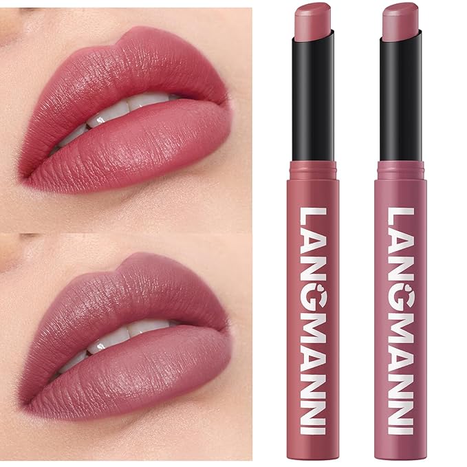 Jolilab 2Pcs Velvet Matte Lipstick Nude Matte Soft Dark Color Stick High Pigmented Long-Lasting Waterproof Lip Stick Lip Balm Beauty Cosmetics Gift for Girls and Women(07#+08#)