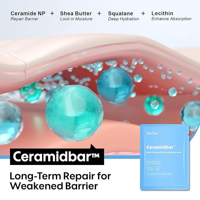 ZealSea Cicalix & Ceramidbar Face Masks Skincare Set, Derm Solution Sheet Mask for Multi-Trigger Sensitivity, Soothing & Calming, Strengthen & Restore Skin, Facial Mask with Cica & Ceramide, 8 Pack