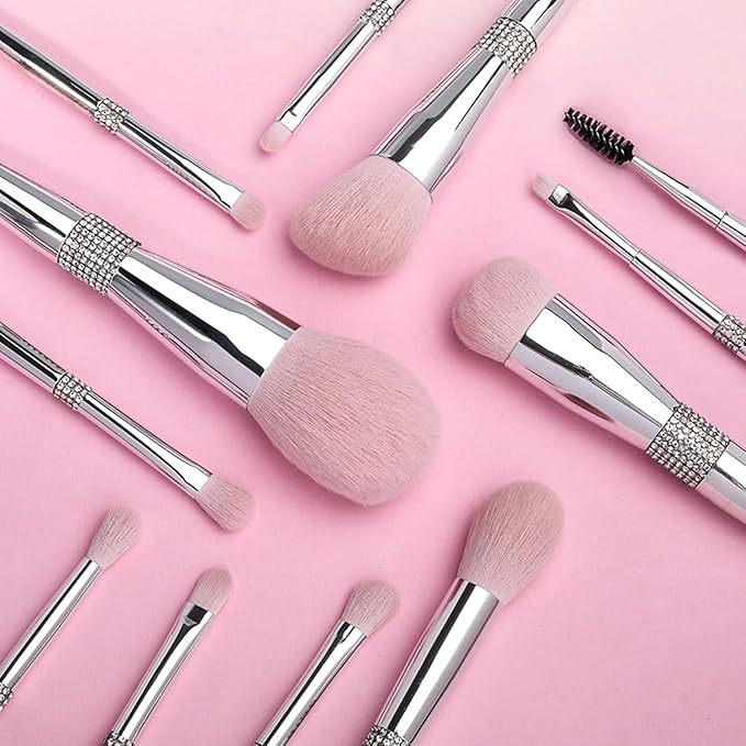 Professional Makeup Brush Set Luxury 11pcs Silver Glitter Crystal Make Up Brush Kit Vegan Soft Synthetic Hair Foundation Eyeshadow Eyebrow Lip Cosmetic Brush Set With Gift Box For Girl