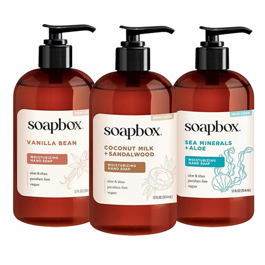 Soapbox Hand Soap Variety Pack (Coconut, Sea Minerals, Vanilla Bean) Liquid Hand Soap, Moisturizing Wash with Shea Butter & Aloe Vera, Pack of 3 Bottles with Pump Dispenser, 12oz Each