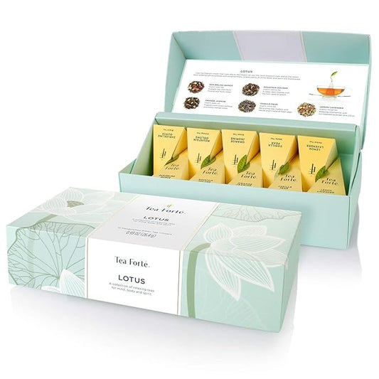 Tea Forte Lotus Petite Presentation Box Tea Gift Set Sampler, 10 Assorted Variety Handcrafted Pyramid Infuser Bags, Black, Green, Oolong, White, Herbal Blends