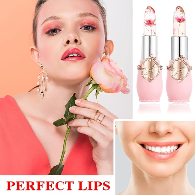 2 Pack Crystal Jelly Flower Lipstick,Magic Temperature Color Change Lip Gloss Lip Stick PH Clear Magic Lipstick Long Lasting Nutritious Moisturizing Lip Balm(Set A)