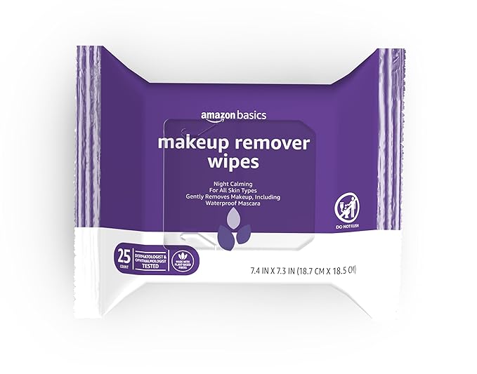 Amazon Basics Makeup Remover Wipes, Gentle Cleansing, Dermatologist Tested, Night Calming, Plant Based, Alcohol Free, Removes Waterproof Mascara, 25 Count Per Pack, Pack of 1 (Previously Solimo)