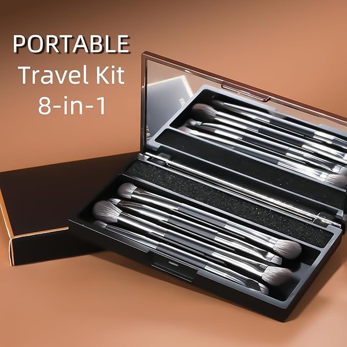 ENERGY Travel Eye Makeup Brush Set Eyeshadow Eye Blending Eyeliner Under Eye Concealer Eye Brow Smudge Makeup Kit with Portable Compact Mirror Case Double ended Makeup Brushes 4PCS