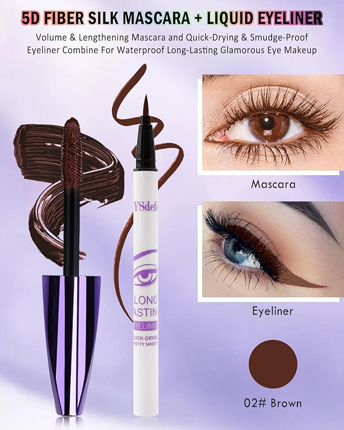 Brown Mascara Liquid Eyeliner Set,5D Waterproof Fiber Colored Mascara Volume and Length,Longlasting Smudgeproof Color Eye Liner Pen,Cosplay Party Stage Use,Mother's Day Makeup Gift for Women Girl-02