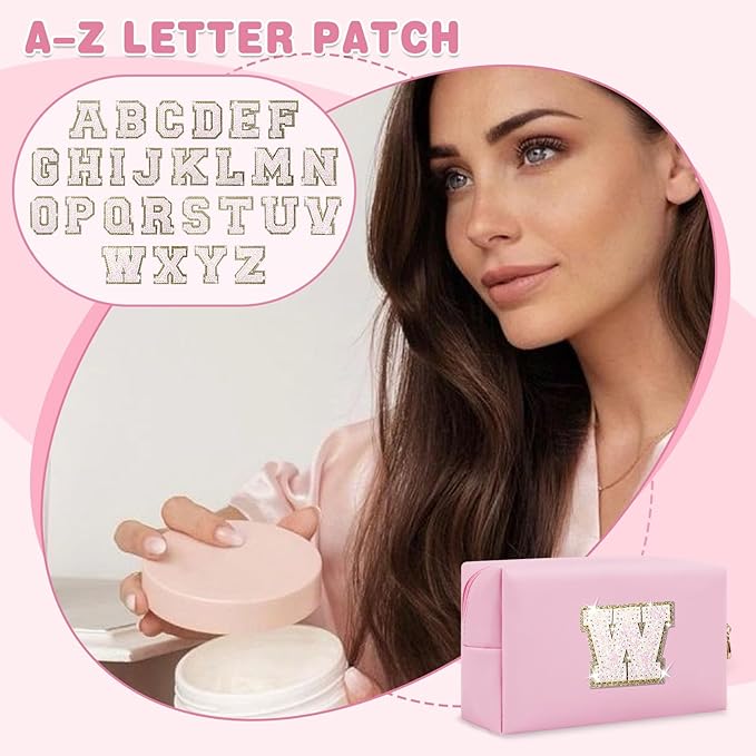 Small Personalized Initial A-Z Patch Makeup Bag,Pink Cute PU Leather Glitter Letter Cosmetic Bag for Teen Girls,Travel Toiletry Bag with Zipper,Preppy Monogrammed Birthday Gift for Daughter Niece W