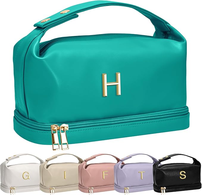 Women Presents Teacher Gifts, Personalized Makeup Bag with Handle, Initial Double Layer Cosmetic Bag with Makeup Brush Organizer, Cute Cosmetic Pouch for Women, Gift for Friends Female Mom