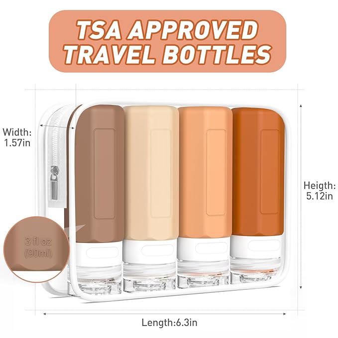 Redfly Travel Bottles for Toiletries, 3oz Tsa Approved Travel Size Containers, BPA Free Leak Proof Squeezable Containers for Toiletries, Silicone Refillable Essentials for Shampoo Conditioner Apricot