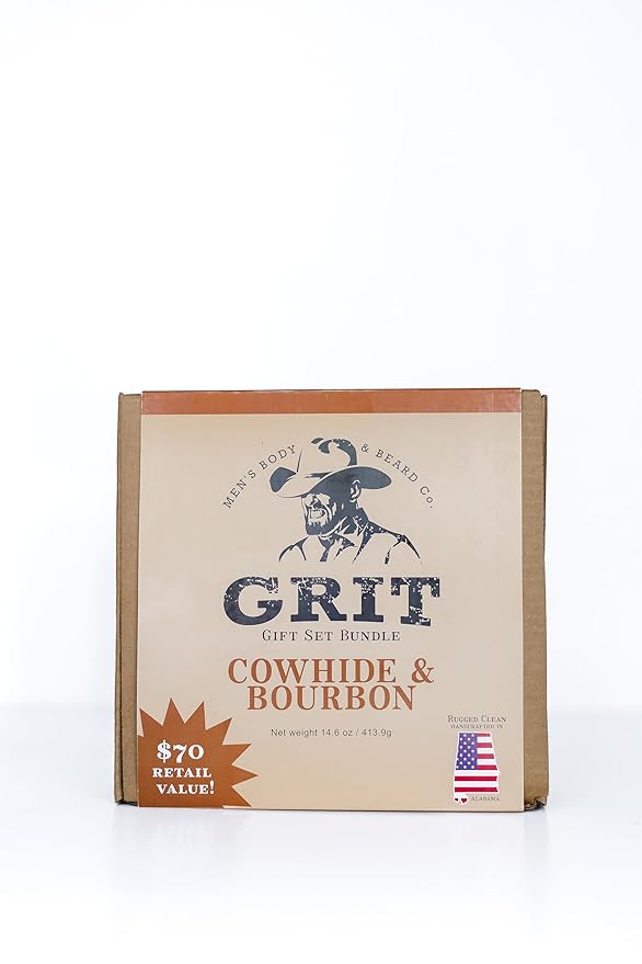 GRIT Boxed Gift Set Bundle Cowhide & Bourbon - Includes 1 Soap, 1 Lotion, 1 Beard Oil, and 1 Beard Balm | All Natural | Dye-Free Lotion | Enriched with Nourishing Goat Milk |