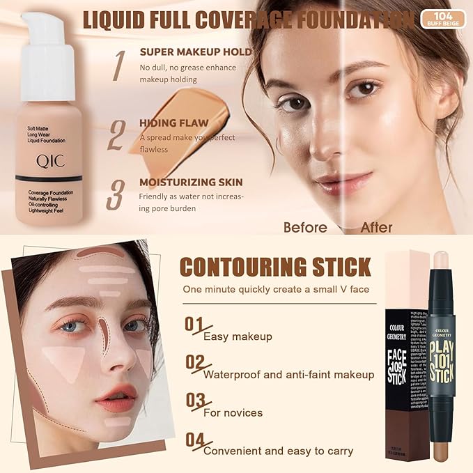 All in One Makeup Kit,Includes Naked Eyeshadow,Liquid Foundation,CC Cream,Lipstick Set,Mascara,Brush,Sponge,Eyebrow Powder,Eyebrow Soap,Eyeliner Stamp, Primer,Contour Stick,Cosmetic Bag