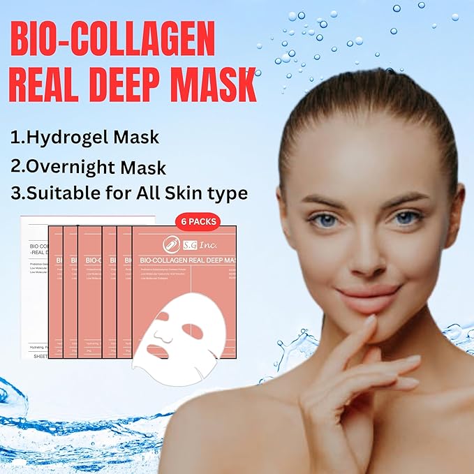 SG Bio- Collagen Real Deep Mask – Overnight Hydrating Collagen Face Masks Skincare| Anti-Wrinkle,Firming,Pore Minimizing,Elasticity Enhancing | Hydrogel Sheet Mask for All Skin Type (34g x 12-Pack)