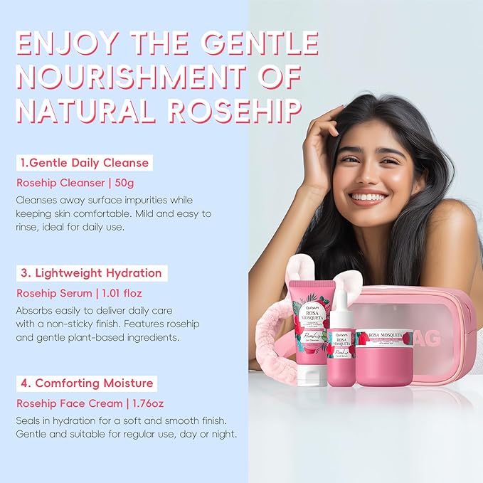 Rosehip Skin Care Set, Beauty Skincare Gift Sets, Natural Facial Skin Care Products, Korean Style Skincare for Women, Nourishing, Hydration, Glow Up, 3PCS