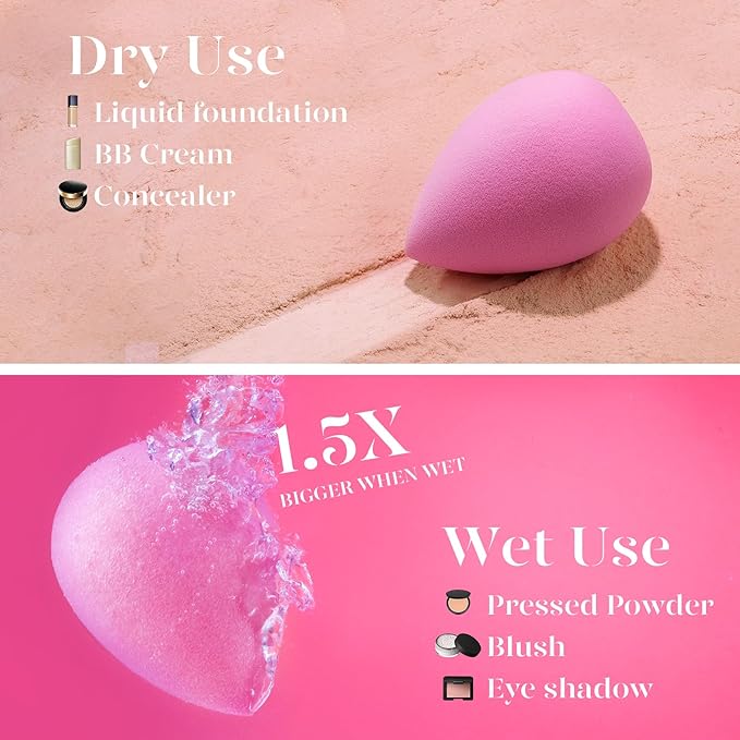 BEAKEY Super Soft Makeup Sponge Set of 6, Makeup Sponges for Foundation, Liquid, Cream and Powder, Pink Beauty Sponge for Blending, 0 Latex Blender