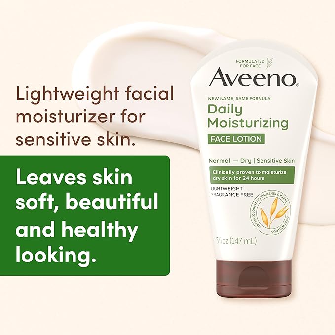 Aveeno Daily Moisturizing Face Lotion with Soothing Prebiotic Oat, Lightweight Non-Greasy Facial Moisturizer for Normal to Dry, Sensitive Skin, 24-Hour Moisture, Fragrance-Free, 5 oz