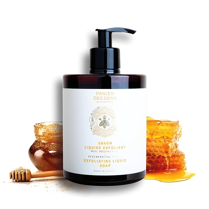 Panier des Sens - Liquid Hand Soap β Honey Exfoliating Hand Wash - French Marseille Moisturizing Soap with Coconut Oil - Refillable Kitchen & Bathroom Hand Soap - 97% Natural Ingredients -16.9 Fl.oz
