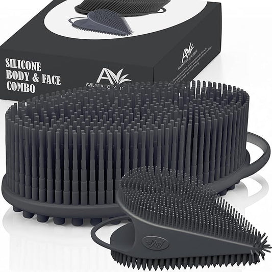 Avilana Silicone Body Scrubber – Gentle Shower Brush & Loofah Alternative- Food Grade & Lab Tested – Fast-Drying, Hygienic, BPA-Free Silicone Body Gentle Exfoliator (Dark Gray, Body & Face)