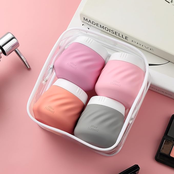 Gemice 4 OZ Travel Size Containers for Toiletries, 4-Pack Leak-Proof Silicone Slime Jars with Lids, BPA Free Small Round Cosmetic Slime Container for Lotion, Cream, Ointments, Travel Essentials