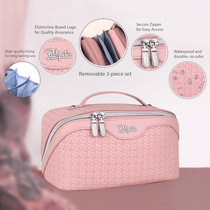 BOYATU Travel Makeup Bags for Women: 3 Set Make up Bags with Compartments - Large Cosmetic Bag - Vegan Leather Makeup Organizer for Traveling (L17 Pink)