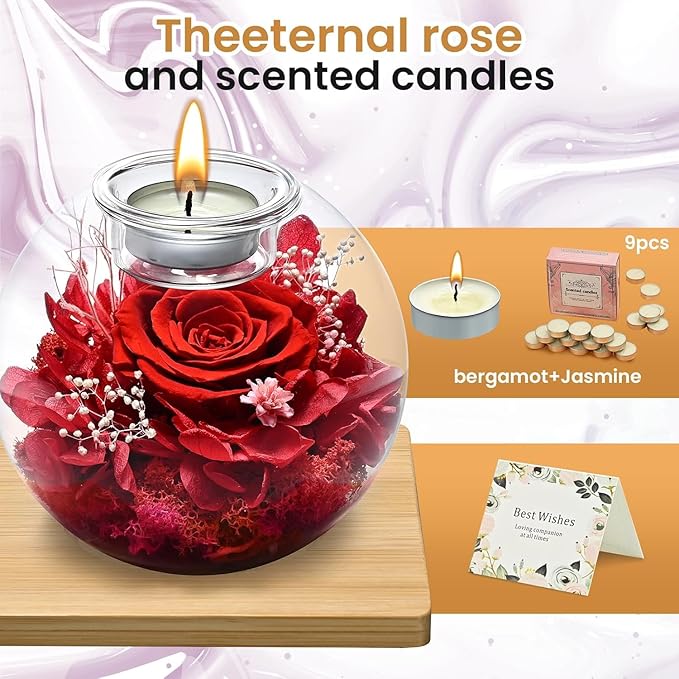Eternal Preserved Real Rose, Glass Dome Gift Set with 18 Scented Candles (9 Vanilla,9 Lavender), Mother's Day Valentine Christmas Birthday Gift for Women Mom Girlfriend Wife Home Decor (White)