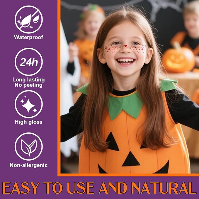 10Pcs Halloween Face Makeup Patches, Glitter Freckles Face Tattoo for Teenagers & Young Women, Sparkle Freckles Makeup Patches, Waterproof Face Glitter Freckles (10Pcs Red)