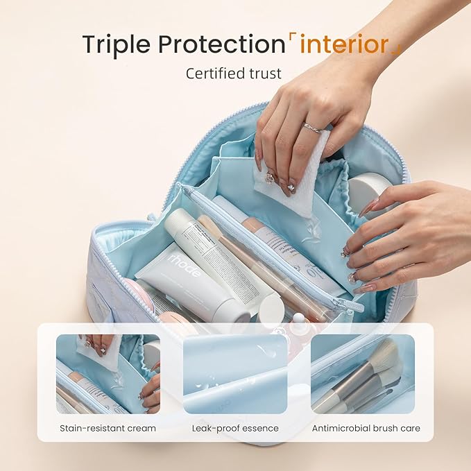 LOVEVOOK Travel Makeup Bag for Women, 2Pcs Set Puffer Waterproof Cosmetic Organizer, Large Capacity Pouch Open Flat Toiletry Bag with Divider & Handle, Portable Gift for Her