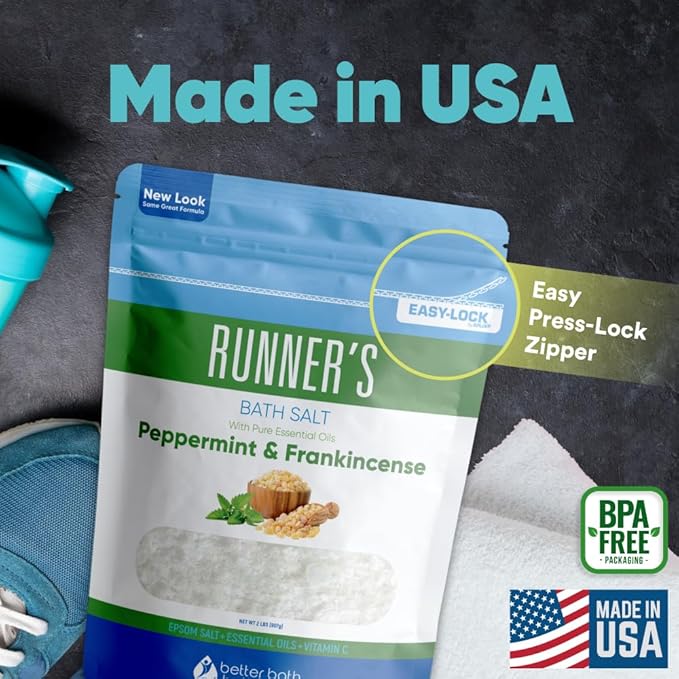Runner's Bath Salt 32 Ounces Epsom Salt with Natural Peppermint, Frankincense, Lemon, Cypress, Tea Tree and Lemongrass Essential Oils Plus Vitamin C in BPA Free Pouch with Easy Press-Lock Seal