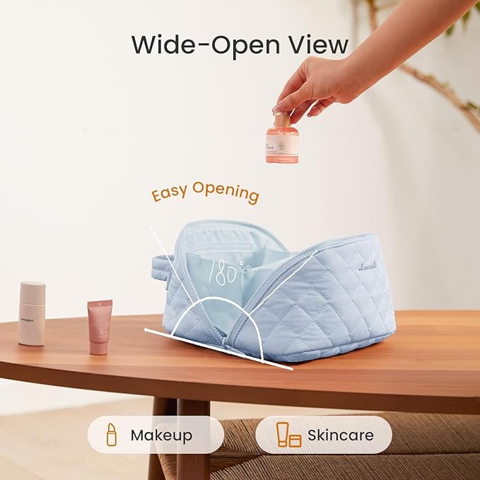 LOVEVOOK Travel Makeup Bag for Women, 2Pcs Set Puffer Waterproof Cosmetic Organizer, Large Capacity Pouch Open Flat Toiletry Bag with Divider & Handle, Portable Gift for Her