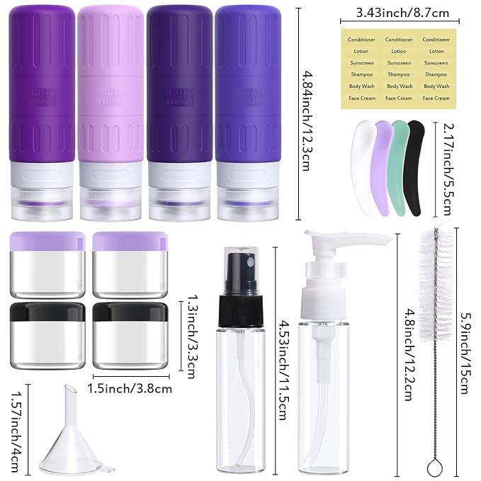 GLAMFIELDS Travel Bottles for Toiletries,TSA Approved 3.3oz Size LeakProof Silicone Toiletry Containers for Shampoo, Conditioner,Easy to Squeeze,Portable Travel Essentials for Lotion(18 Pack) Purple