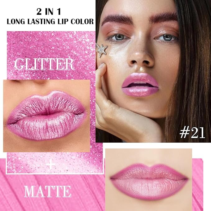 Kaely 2-in-1 Pink Metallic Lipstick and Lip Liner, Shimmer Liquid Metallic Lipsticks for Women, Glitter Lip Gloss Stain Long Lasting Waterproof Smudge Proof 24 Hour, Vegan Makeup, 21