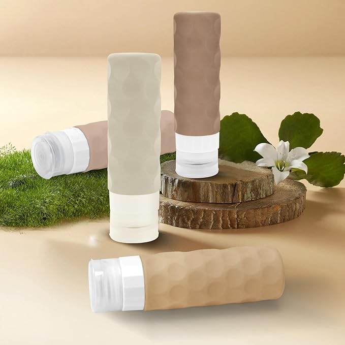 Travel Bottles for Toiletries, 4pcs Tsa Approved 3oz Travel Size Containers, BPA Free Leak Proof Premium Silicone Bottles, Refillable Liquid Squeezable Accessories W/Toiletry Bag(Cream)