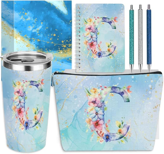 Personalized Gifts Monogrammed Birthday Gifts for Women, Cowerker Wife Sister Wedding Christmas Initial 20 oz Tumbler, Makeup Bag Cup Ballpoint Pens Journal Notebook 6 Set, (Aesthetic Blue Flower C)