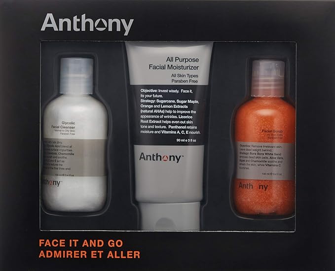 Anthony Face It & Go Kit, Set Includes Glycolic Facial Cleanser 3.4 Fl Oz. All Purpose Facial Moisturizer 3 Fl Oz. Facial Scrub 3.4 Fl Oz.