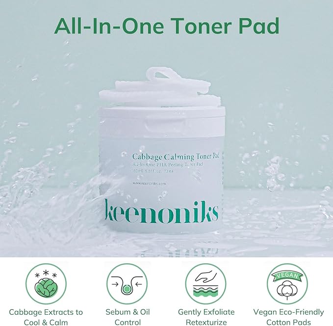 Cabbage Calming Toner Pads – PHA Exfoliating & Cooling Facial Wipes with 150,000ppm Cabbage Extract for Redness Relief & Pore CareㅣKorean Skincareㅣ70 Pads (5.07Oz)