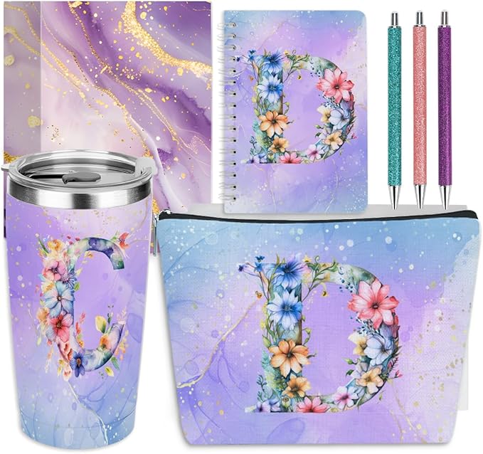 Personalized Gifts Monogrammed Birthday Gifts for Women, Boss Teacher Appreciation Christmas Initial 20 oz Tumbler, Makeup Bag Cup Ballpoint Pens Journal Notebook 6 Set, (Aesthetic Purple Flower D)